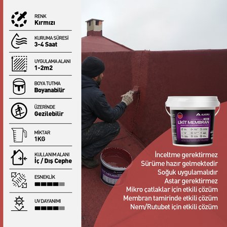 ALKORU 1 KG Kırmızı Kumlu Likit Membran Renkli Reçine Esaslı Sıvı Su Yalıtım Malzemesi