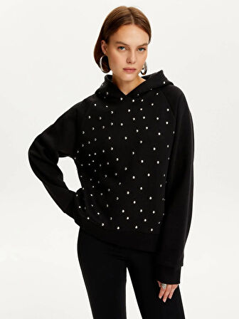 Zımbalı Kapüşonlu Sweatshirt-Siyah | M