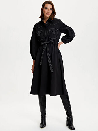 Punto Dikişli Midi Elbise-Siyah | 36