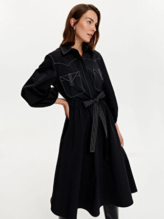 Punto Dikişli Midi Elbise-Siyah | 36