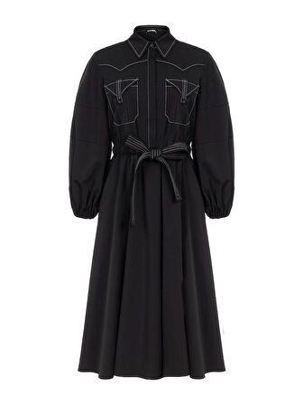 Punto Dikişli Midi Elbise-Siyah | 36