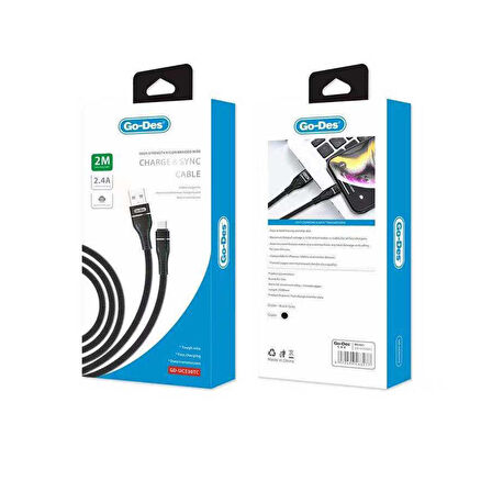 Go Des GD-UC530 Type-C USB Kablo 2.4A Hızlı Şarj Kablosu 2 metre Data Kablo Naylon Örgü