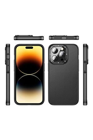 Wlons iPhone 14 Pro Uyumlu Kılıf Mat Transparan Karbon Fiber Görünümlü Wlons Marin Kapak