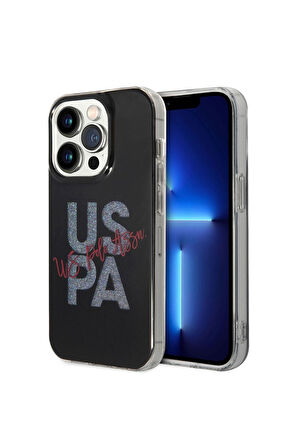 Apple iPhone 14 Pro Uyumlu Kılıf U.S. POLO ASSN. Simli Parlak Alfabe Tasarım Kapak Siyah