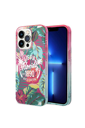Apple iPhone 14 Pro Uyumlu Kılıf U.S. POLO ASSN. Renkli Yaprak Baskılı Dizayn Kapak Yeşil