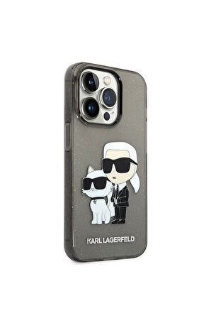 Apple iPhone 14 Pro Max Uyumlu Kılıf Karl Lagerfeld Transparan Simli K&C Dizayn Kapak Siyah