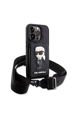 Apple iPhone 14 Pro Uyumlu Kılıf Karl Lagerfeld Boyun Askılı Kartlıklı Karl Dizayn Kapak