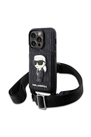 Apple iPhone 14 Pro Uyumlu Kılıf Karl Lagerfeld Boyun Askılı Kartlıklı Karl Dizayn Kapak