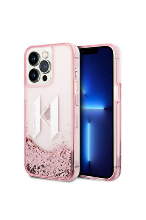 Apple iPhone 14 Pro Max Uyumlu Kılıf Karl Lagerfeld Sıvılı Simli Dizayn Kapak Pembe