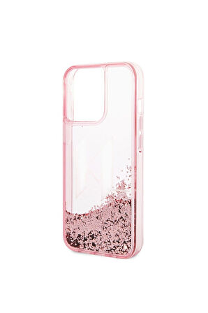 Apple iPhone 14 Pro Max Uyumlu Kılıf Karl Lagerfeld Sıvılı Simli Dizayn Kapak Pembe