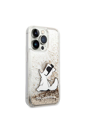 Apple iPhone 14 Pro Uyumlu Kılıf Karl Lagerfeld Sıvılı Simli Choupette Dizayn Kapak Gold