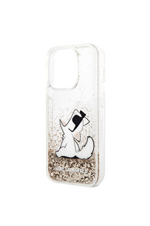 Apple iPhone 14 Pro Uyumlu Kılıf Karl Lagerfeld Sıvılı Simli Choupette Dizayn Kapak Gold