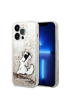 Apple iPhone 14 Pro Max Uyumlu Kılıf Karl Lagerfeld Sıvılı Simli Choupette Dizayn Kapak Gold