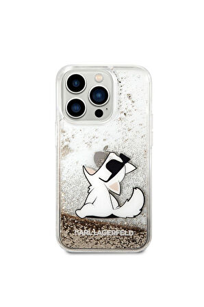 Apple iPhone 14 Pro Max Uyumlu Kılıf Karl Lagerfeld Sıvılı Simli Choupette Dizayn Kapak Gold