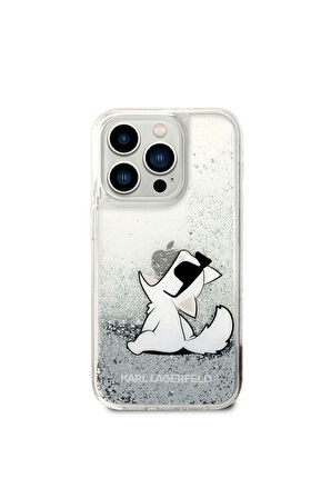 Apple iPhone 14 Pro Max Uyumlu Kılıf Karl Lagerfeld Sıvılı Simli Choupette Dizayn Kapak Gümüş