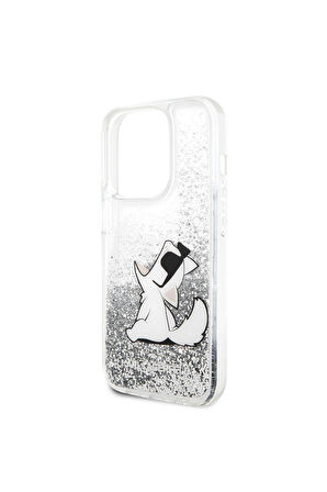 Apple iPhone 14 Pro Max Uyumlu Kılıf Karl Lagerfeld Sıvılı Simli Choupette Dizayn Kapak Gümüş