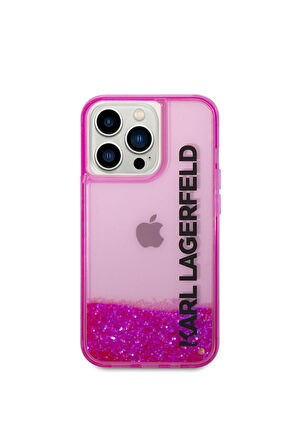 Apple iPhone 14 Pro Max Uyumlu Kılıf Karl Lagerfeld Sıvılı Simli Elong Dizayn Kapak Pembe