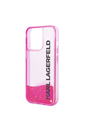 Apple iPhone 14 Pro Max Uyumlu Kılıf Karl Lagerfeld Sıvılı Simli Elong Dizayn Kapak Pembe