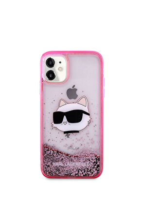 Apple iPhone 11 Uyumlu Kılıf Karl Lagerfeld Sıvılı Simli Choupette Head Dizayn Kapak