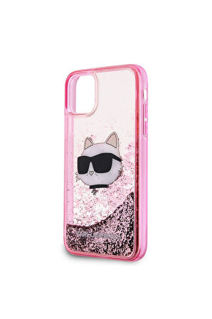 Apple iPhone 11 Uyumlu Kılıf Karl Lagerfeld Sıvılı Simli Choupette Head Dizayn Kapak