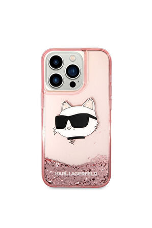 Apple iPhone 14 Pro Max Uyumlu Kılıf Karl Lagerfeld Sıvılı Simli Choupette Head Dizayn Kapak Pembe
