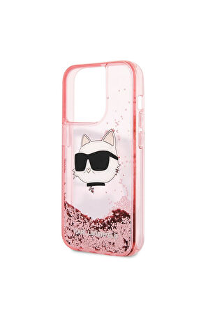 Apple iPhone 14 Pro Max Uyumlu Kılıf Karl Lagerfeld Sıvılı Simli Choupette Head Dizayn Kapak Pembe