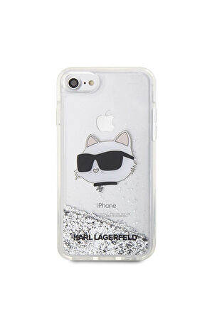 Apple iPhone 8 Uyumlu Kılıf Karl Lagerfeld Sıvılı Simli Choupette Head Dizayn Kapak