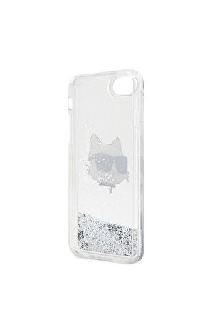 Apple iPhone SE 2022 Uyumlu Kılıf Karl Lagerfeld Sıvılı Simli Choupette Head Dizayn Kapak