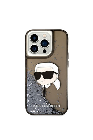 Apple iPhone 14 Pro Max Uyumlu Kılıf Karl Lagerfeld Sıvılı Simli Karl Head Dizayn Kapak Siyah
