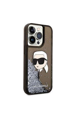 Apple iPhone 14 Pro Max Uyumlu Kılıf Karl Lagerfeld Sıvılı Simli Karl Head Dizayn Kapak Siyah