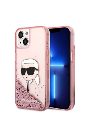 Apple iPhone 14 Uyumlu Kılıf Karl Lagerfeld Sıvılı Simli Karl Head Dizayn Kapak
