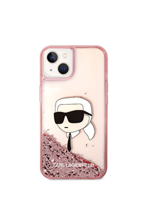 Apple iPhone 14 Uyumlu Kılıf Karl Lagerfeld Sıvılı Simli Karl Head Dizayn Kapak