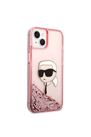 Apple iPhone 14 Uyumlu Kılıf Karl Lagerfeld Sıvılı Simli Karl Head Dizayn Kapak