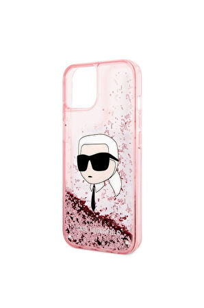 Apple iPhone 14 Uyumlu Kılıf Karl Lagerfeld Sıvılı Simli Karl Head Dizayn Kapak