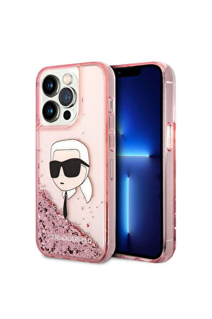 Apple iPhone 14 Pro Max Uyumlu Kılıf Karl Lagerfeld Sıvılı Simli Karl Head Dizayn Kapak Pembe