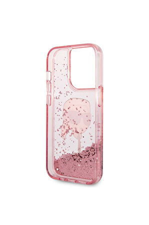 Apple iPhone 14 Pro Max Uyumlu Kılıf Karl Lagerfeld Sıvılı Simli Karl Head Dizayn Kapak Pembe