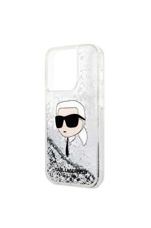 Apple iPhone 14 Pro Max Uyumlu Kılıf Karl Lagerfeld Sıvılı Simli Karl Head Dizayn Kapak Gümüş