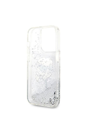 Apple iPhone 14 Pro Max Uyumlu Kılıf Karl Lagerfeld Sıvılı Simli Karl Head Dizayn Kapak Gümüş