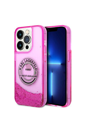 Apple iPhone 14 Pro Uyumlu Kılıf Karl Lagerfeld Sıvılı Simli RSG Dizayn Kapak Pembe