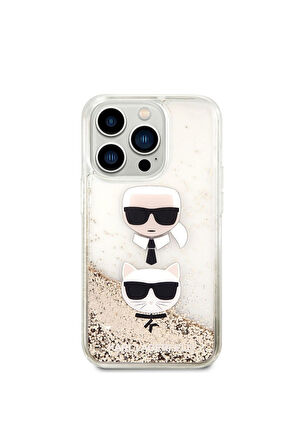 Apple iPhone 14 Pro Uyumlu Kılıf Karl Lagerfeld Sıvılı Simli K&C Head Dizayn Kapak Gold