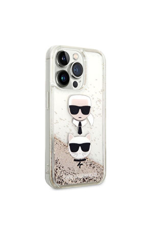 Apple iPhone 14 Pro Uyumlu Kılıf Karl Lagerfeld Sıvılı Simli K&C Head Dizayn Kapak Gold