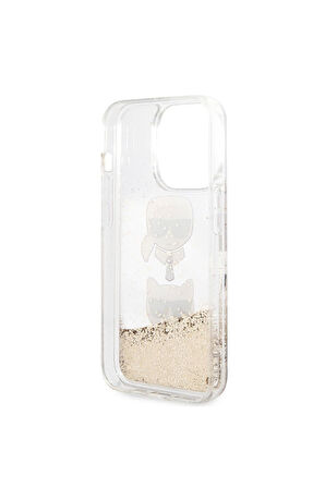 Apple iPhone 14 Pro Uyumlu Kılıf Karl Lagerfeld Sıvılı Simli K&C Head Dizayn Kapak Gold