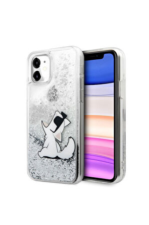 Apple iPhone 11 Uyumlu Kılıf Karl Lagerfeld Sıvılı Simli Choupette Fun Dizayn Kapak