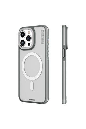 iPhone 15 Pro Uyumlu Kılıf Magsafe Şarj Özellikli Youngkit Rock Sand Serisi Kapak Gri