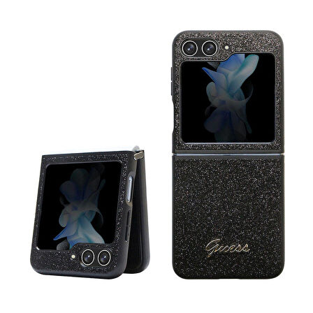 Galaxy Z Flip 5 Uyumlu Kılıf Guess Orjinal Lisanslı Yazı Logolu Glitter Script Kapak Siyah