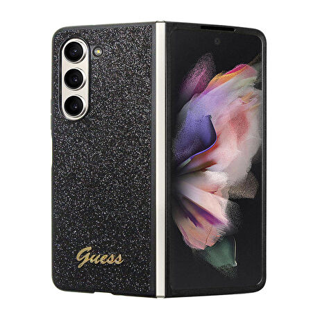 Galaxy Z Fold 5 Uyumlu Kılıf Guess Orjinal Lisanslı Yazı Logolu Glitter Script Kapak Siyah