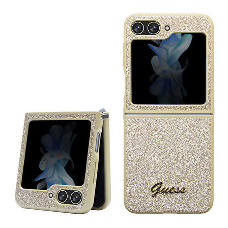 Galaxy Z Flip 5 Uyumlu Kılıf Guess Orjinal Lisanslı Yazı Logolu Glitter Script Kapak Gold