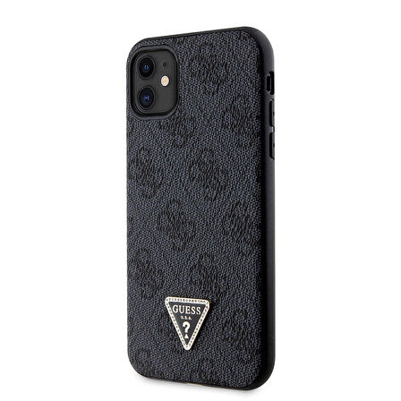 iPhone 11 Uyumlu Kılıf Guess Orjinal Lisanslı PU Deri Taşlı Üçgen Logo 4G Desenli Kapak Siyah
