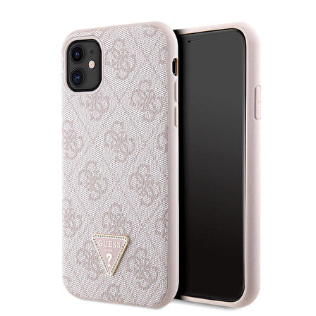 iPhone 11 Uyumlu Kılıf Guess Orjinal Lisanslı PU Deri Taşlı Üçgen Logo 4G Desenli Kapak Pembe