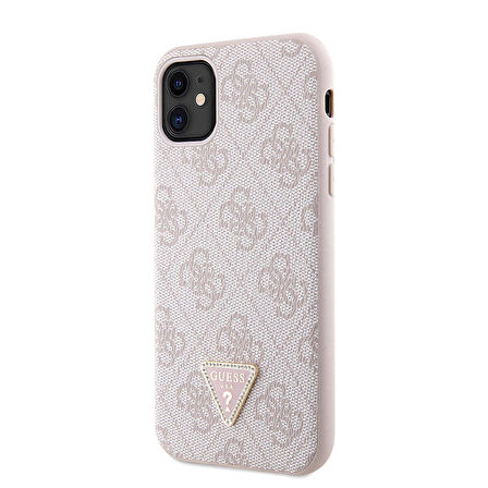iPhone 11 Uyumlu Kılıf Guess Orjinal Lisanslı PU Deri Taşlı Üçgen Logo 4G Desenli Kapak Pembe